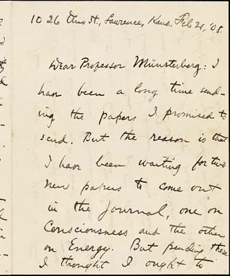 Boodin, John Elof, 1869-1950 autograph letter signed to Hugo Münsterberg, Lawrence, Kan., 21 February 1908