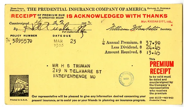 Premium Receipt from Prudential Insurance Company of America to Harry S. Truman