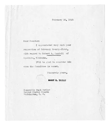Letter from President Harry S. Truman to Senator Hugh Butler
