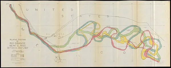 Relative positions of Rio Grande near El Paso between 1852 and 1907