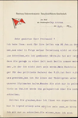 Bussche-Haddenhausen, Hilmar, 1867-1939 typed letter signed to Hugo Münsterberg, S.S.Cap Arcona, 3 March 1910