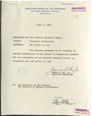 Memorandum from James S. Lay, Jr. to the National Security Council with Attachment
