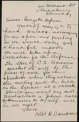 Robert R. Davidson autograph note signed to Sacco-Vanzetti Defense Committee, Amsbury, Mass., [May 10, 1927]