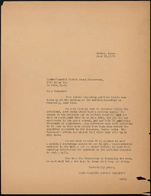 Sacco-Vanzetti Defense Committee typed letter (copy) to Sacco-Vanzetti United Front Defense Conference, Seattle), Boston, Mass., June 25, 1927