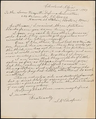 S. R. Bedford autograph letter signed to Sacco-Vanzetti Defense Committee, Boston, Mass., June 8, 1927