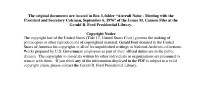 Aircraft Noise - Meeting with the President and Secretary Coleman, September 6, 1976