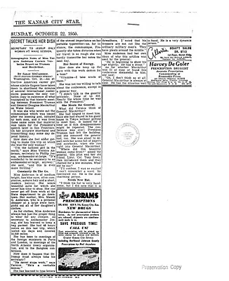 Newspaper Clipping, Kansas City Star, "Secret Talks Her Dish"