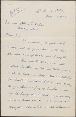 Frederic [W.] Raper autograph letter signed to Alvan T. Fuller, Cleveland, Miss., August 4, 1927