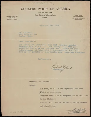 Robert Zelms (Workers Party of America) typed letter signed to A.G. Wittner, Boston, Mass., February 3, 1924