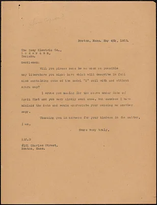 [A. Carpenter?] typed letter (copy) to Remy Electric Co., Boston, Mass., May 4, 1923