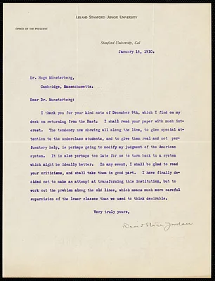 Jordan, David Starr, 1851-1931 typed letter signed to Hugo Münsterberg, Stanford Univ., Calif., 18 January 1910