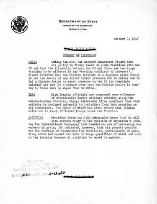 Memorandum, State Department Summary of Telegrams