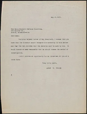 Alvan T. Fuller typed note (copy) to Sacco-Vanzetti Defense Committee, [Boston, Mass.?], May 23, 1927