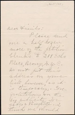 Margaret Shipman autograph letter signed to Sacco-Vanzetti Defense Committee, Bronx, N.Y., [April? 1927]