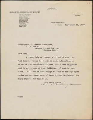 Charles C. Burlingham typed note signed to Sacco-Vanzetti Defense Committee, New York, N. Y., September 27, 1927