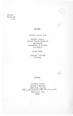 White House Dinner and Supper Menu
