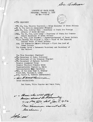 List of Attendees at a Luncheon at Blair House for Prime Minister of Great Britain Winston Churchill