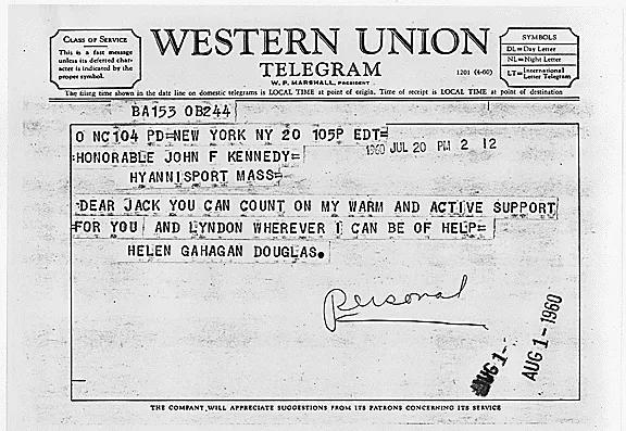 Telegram, Helen Gahagan Douglas to Senator John F. Kennedy, 20 July 1960