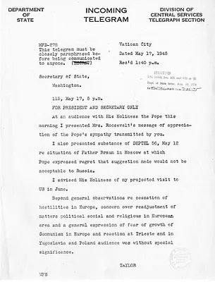 Telegram from Myron C. Taylor to Secrertary of State Edward Stettinius