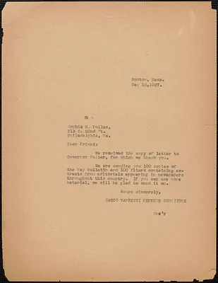Sacco-Vanzetti Defense Committee typed letter (copy) to Sophia Dulles, Boston, Mass., May 18, 1927