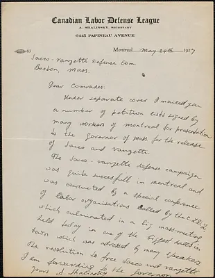A. Shalinsky (Canadian Labor Defense League) autograph letter signed to Sacco-Vanzetti Defense Committee, Montreal, Canada, May 29, 1927
