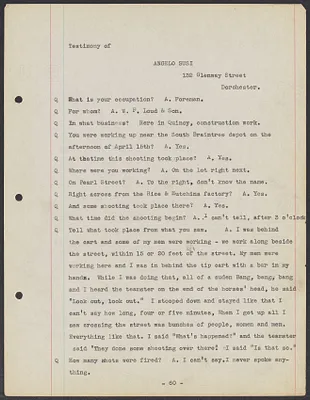 Sacco-Vanzetti Case Records, 1920-1928. Defense Papers. Transcript of Inquest, pages 60-76: Testimony of Angelo Susi, Edward Carter, John Mannex, Thomas F. Treacy, April 1921. Box 4, Folder 20, Harvard Law School Library, Historical & Special Collections