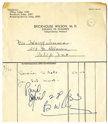 Receipt from Dr. Brickhouse Wilson to Harry S. Truman