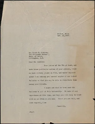 Joseph Moro typed letter to Edith B. Jackson (The Childrens Bureau, Dept. of Labor), Boston, Mass., October 10, 1927