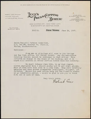 Robert Luce (Luce's Press Clipping Bureau) typed letter signed to Sacco-Vanzetti Defense Committee, Boston, Mass., June 24, 1927