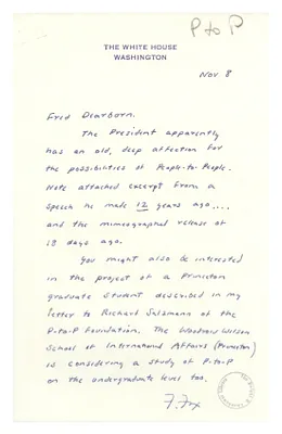 Memorandum, Frederic Fox to Fred Dearborn Regarding an Early Dwight D. Eisenhower Reference to People-to-People
