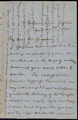 Letter from Mary Anne Estlin, 16 Belgrave Road, Clifton, [Bristol, England], to William Lloyd Garrison, April 27th, 1875