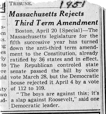 Newspaper Article, Massachusetts Rejects Third Term Amendment