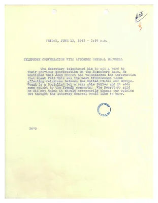 Memorandum of Telephone Conversation between John Foster Dulles and Herbert Brownell Regarding Foreign Response to the Rosenberg Case
