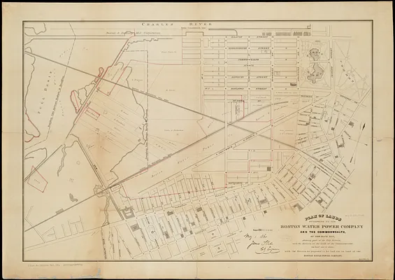Plan of lands belonging to the Boston Water Power Company and the Commonwealth, on the Back Bay, showing part of the city streets, and the streets, on the land of the Commonwealth as laid out to date