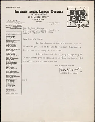 Rose Karsner (International Labor Defense) typed note signed to Joseph Moro, Chicago, Ill., January 10, 1927