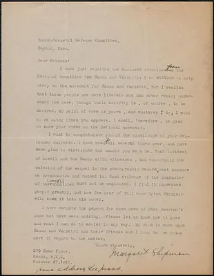 Margaret Shipman typed letter signed to Sacco-Vanzetti Defense Committee, Bronx, N. Y., October 27, 1927