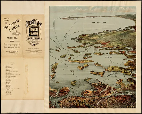 Bird's eye view of Boston Harbor and south shore to Provincetown showing steamboat routes