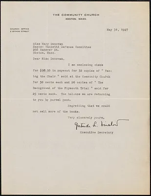 Gertrude L. Winslow (The Community Church, Boston) typed note signed to Mary Donovan, Boston, Mass., May 31, 1927