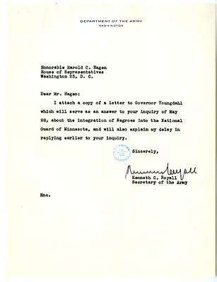 Memorandum from Secretary of the Army Kenneth Royall to Clark Clifford, with Attachments