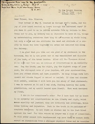 Bartolomeo Vanzetti typed letter (copy) to Gertrude L. Winslow, Dedham, 7 May 1927