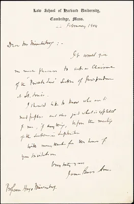 Ames, James Barr, 1846-1910 autograph note signed to Hugo Münsterberg, Cambridge, Mass., 22 February 1904