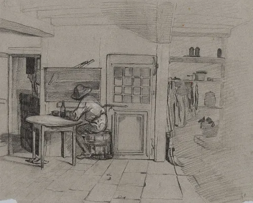 A Farmhouse Interior with a Boy at a Table