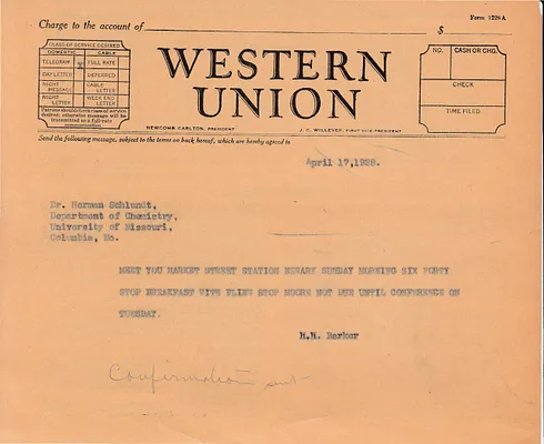 Telegram to Dr. Herman Schlundt, April 17, 1928
