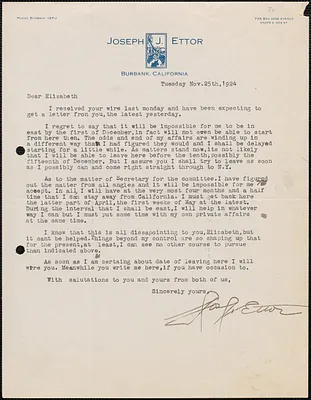 Joseph J. Ettor typed letter signed to Elizabeth [Gurley Flynn], Burbank, Calif., November 25, 1924
