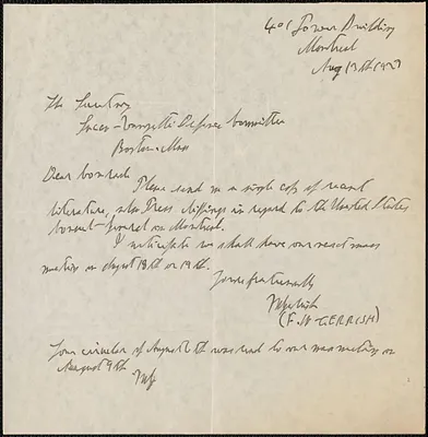F. W. Gerrish autograph note signed to Sacco-Vanzetti Defense Committee, Montreal, Quebec, Canada, August 13, 1927