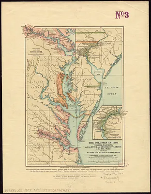The colonies in 1660, Virginia, Maryland, and the Dutch and Swedish settlements on the Delaware showing extent and dates of settlement