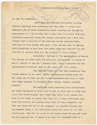 Letter from Arthur R. Boyden to the President Describing the Effect of Unemployment on Crime