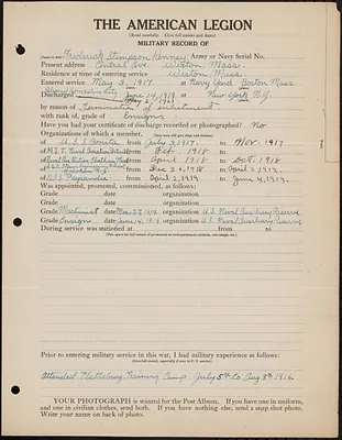 American Legion military record of Frederick Stimpson Kenney