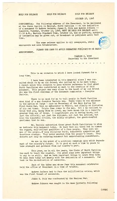 Press Release, Non-Political Speech of President Harry S. Truman, Raleigh, North Carolina