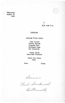 White House Luncheon and Dinner Menu
